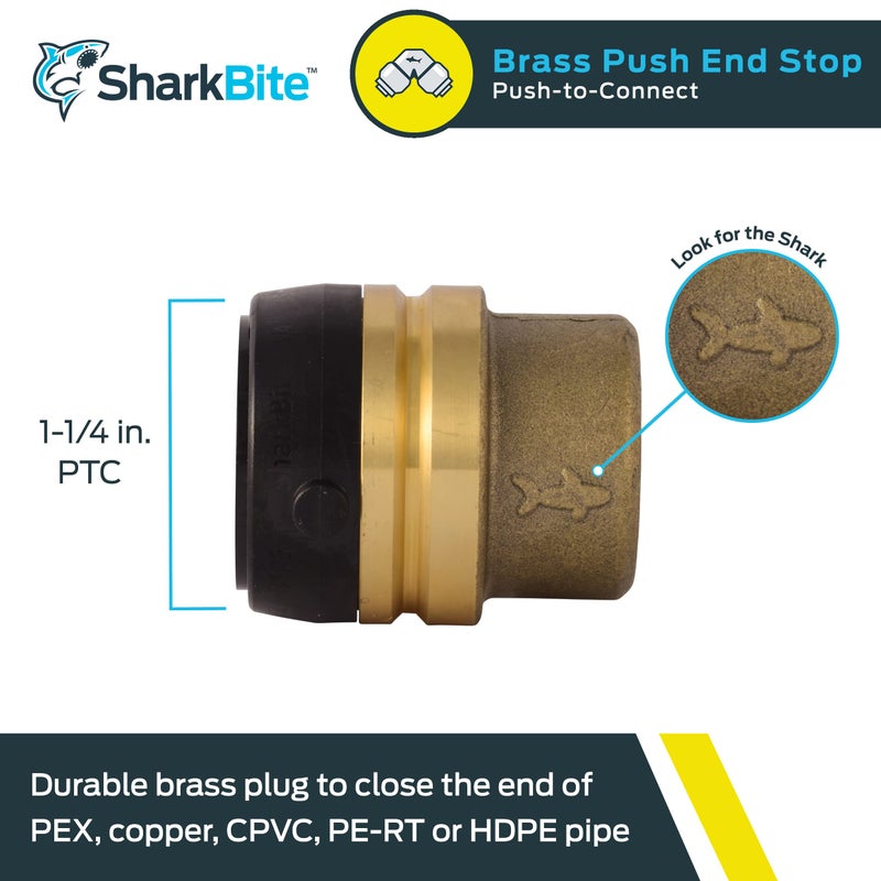 SharkBite 1-1/4 Inch Push Cap, Push to Connect Brass Plumbing Fitting, PEX Pipe, Copper, CPVC, PE-RT, HDPE, UXL0435 - Image 2